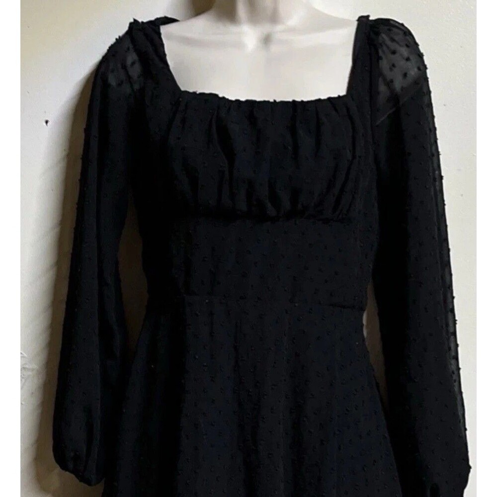 SHEIN Solid Black Dress Size XS Long Sleeve Polka Dot Semi Sheer Lined